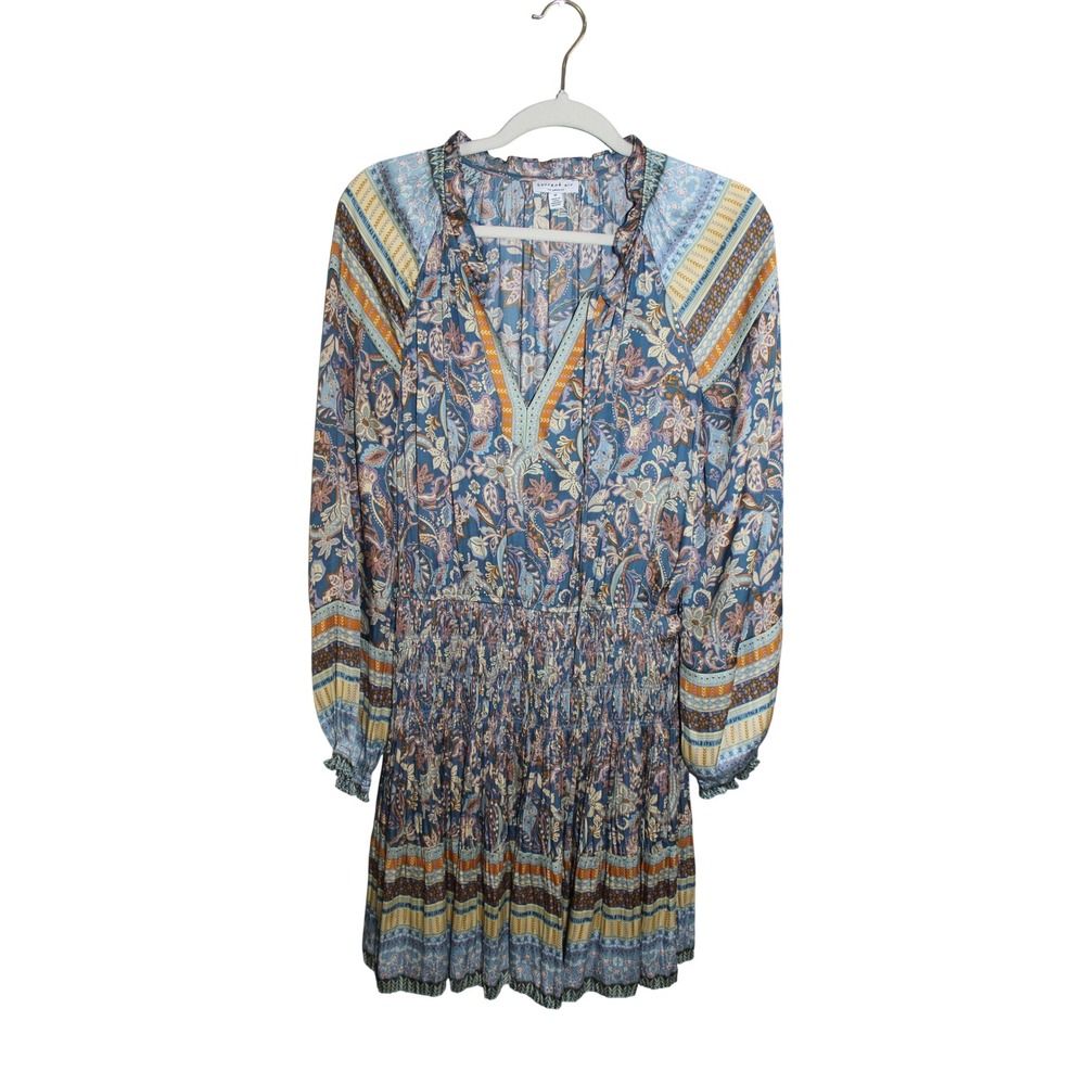 Current Air Mini Dress Womens M Blue Paisley Smocked Waist Long Sleeve Boho